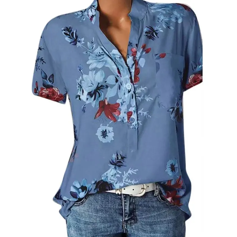 Summer Elegant Women's Shirt Casual Printing Large Size 5XL Casual Shirt Fashion V-neck Short-sleeved Blouse with Pocket