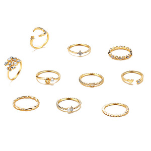 Anillo de Zirconia al por Mayor con Diseño de Luna Creciente <span class=keywords><strong>y</strong></span> Estrella, Hoja de Corazón, Geométrico, de Aleación Galvanizada, Juego de 10 Anillos, Creativo, Vintage - Product Image 5