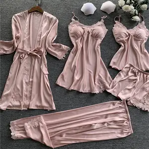 Hot New Retail Products 4 Pieces Sets Women Summer Homewear Bridal Robe Silk Bathrobe Robes Women Silk