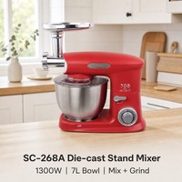 Robot pâtissier SOHEF 7L 1300W avec accessoire hachoir à viande, mélangeur planétaire, bol en acier inoxydable, pour cuisine domestique, avec moteur 8835