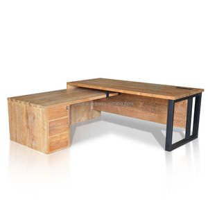 Escritorio de oficina de teca moderno y elegante con construcción duradera de madera maciza, acabado lijado fino, 3 cajones y detalles de metal negro para uso doméstico - Product Image 2