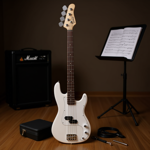 Bajo eléctrico Glarry D0100HAMSBU, cuerpo de plástico blanco, con cable y herramienta de ajuste. - Product Image 2