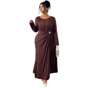 BR6084 Nuova Collezione Gonna Lunga da Donna <span class=keywords><strong>Taglie</strong></span> <span class=keywords><strong>Forti</strong></span> in Raso Color Caffè con Maniche a Sbuffo, Vita Alta e Colletto Alto - Product Image 5