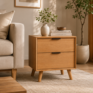 Solid <b>Oak</b> Wood <b>Bedside</b> Nightstand with Two Storage <b>Drawers</b> Minimalist Scandinavian Bedroom Side Cabinet Made in Indonesia - Product Image 1