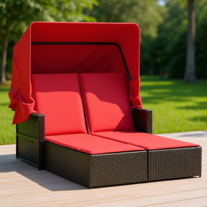 Lettino Doppio da Sole in Rattan PE Marrone con Cuscini in Tessuto, Arredo Elegante per Esterni - Product Image 2