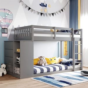 Camas Literas de Diseño Elegante para Niños, Cama Litera Doble sobre Doble, Madera Gris, Camas Literas Infantiles con <span class=keywords><strong>4</strong></span> Cajones de Almacenamiento para Niñas - Product Image 1