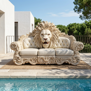 Luxury European Vintage Lion Carved Genuine Leather L-Shaped Sectional <b>Sofa</b> Handcrafted Teak <b>Wood</b> <b>Frame</b> Deep Tufted Bac Padded - Product Image 4