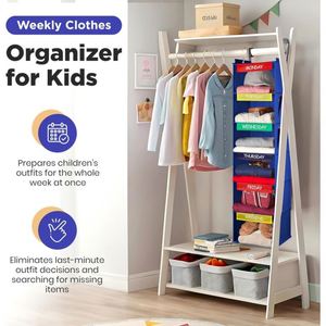 Organizador de Armario Colgante de 6 Niveles, No Tejido, con Marco de Hierro, Almacenamiento Semanal de Ropa, con Bolsillos Laterales, Estantes Plegables para Niños - Product Image 3