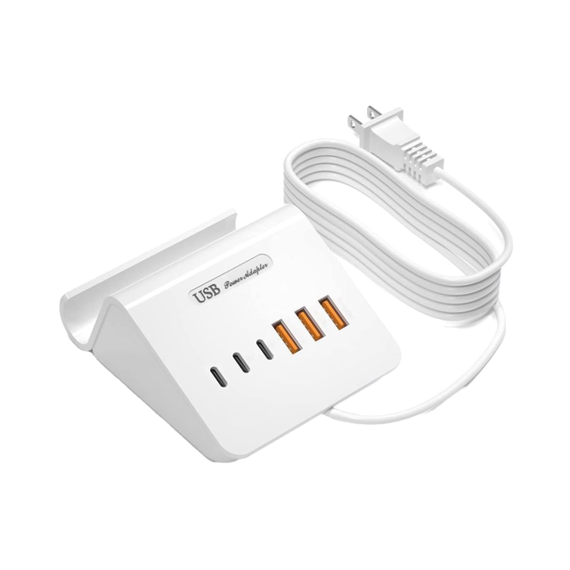 6-Port USB Charging Station 3 USB-A & 3 USB-C ETL Listed 6Ft Extension Cord White Nightstand Charger with 15W PD Earphones