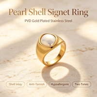 Bague signet en acier inoxydable plaqué or PVD avec perle ronde, anti-ternissement, hypoallergénique, incrustation de perle de coquillage pour femmes