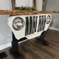 Table console industrielle vintage inspirée des Jeeps, avec plateau en bois, meubles automobiles pour salon et bureau