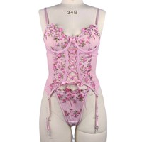 RUIYI Exquis Broderie Fleur Corset Taille Sangle Creuse Sexy Rose Tender Lingerie Set