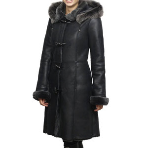 Manteau d'hiver long en cuir véritable avec capuche, doublure en fourrure, double boutonnage, coupe-vent, style décontracté - Product Image 3