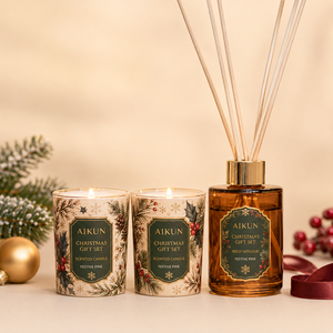 Aikun Mistletoe Fir Green Glass Gold Botanical 80 Milliliter Scented <b>Candle</b> And Reed Diffuser Gift Set for Christmas Gifting - Product Image 2