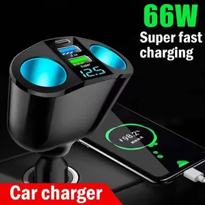 ที่ชาร์จในรถยนต์แบบเร็ว 66W 12V-24V ซ็อกเก็ตแยกพอร์ต USB คู่ Type-C พร้อมหน้าจอดิจิตอลสำหรับโทรศัพท์มือถือและกล้องติดรถยนต์ รองรับการชาร์จเร็ว - Product Image 1
