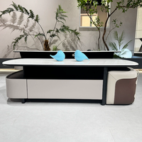 Ensemble table basse et meuble TV en pierre microcristalline moderne avec tabourets cachés, armoire de rangement d'angle arrondie, mobilier de salon