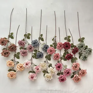 QYY décoration haute qualité fleur artificielle 3 têtes Wenjuan enduit sérigraphie diamant Rose