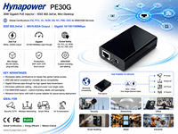 Inyector PoE de 30W, Entrada 90-264Vac, 48Vdc/0.6A, 10/5/2.5/1G, 802.3at, Tamaño Mini, CE FCC UL, para Puntos de Acceso y VoIP, Hynapower HP-PE30G