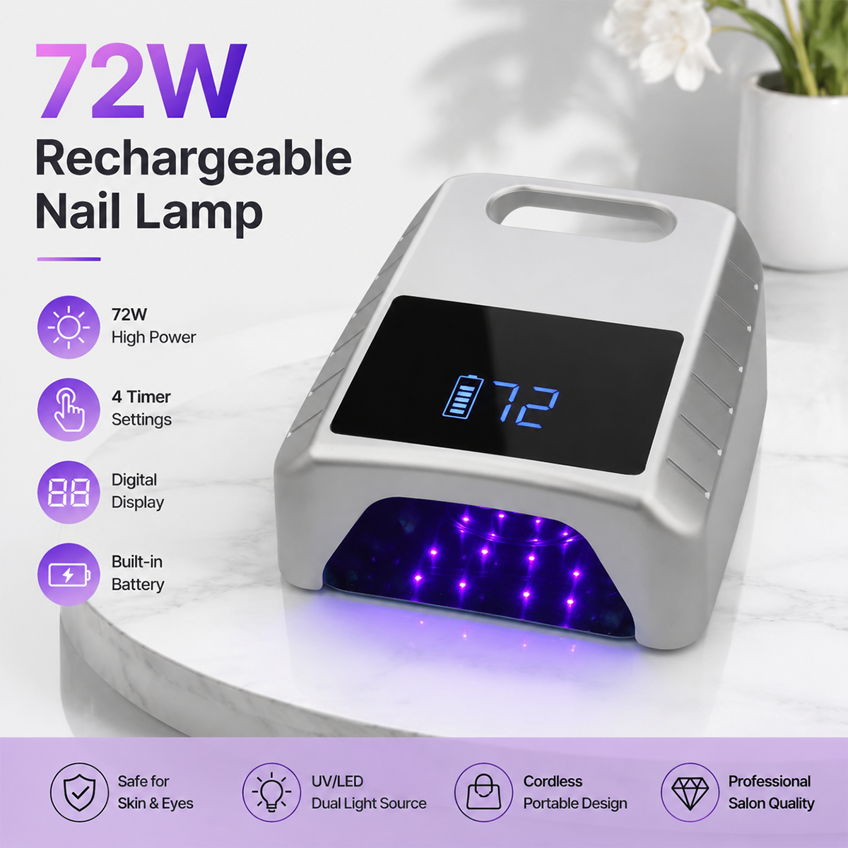 Professional 72W Electric UV LED Nail Lamp Rechargeable 36 Pieces Quartz Light Beads 1 Year Guarantee Dual Light