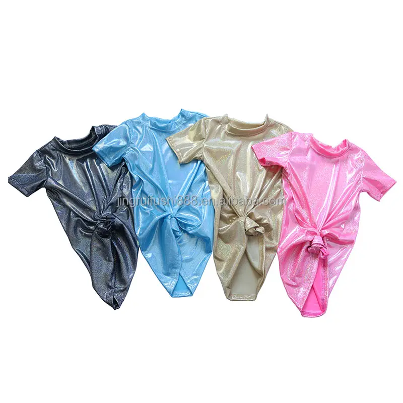 2023 New Holo graphic Fabric Baby Mädchen T-Shirt Kleid Einfarbig Glänzend Kurzarm Kinder Baby O-Neck Kleid