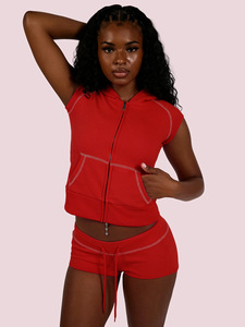 Nouveauté : Ensemble deux pièces en maille gaufrée pour <span class=keywords><strong>femme</strong></span> – Haut à capuche zippé à manches courtes et short assorti - Product Image 3