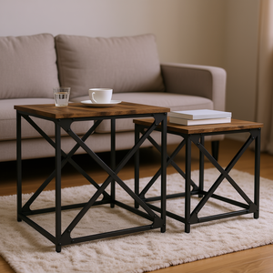 Set Of 2 Smoked Oak Engineered Wood Metal <b>Nesting</b> Coffee <b>Tables</b> Industrial Modern Living Room Furniture - Product Image 2