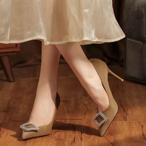 9888F-086 Escarpins à bout pointu, talon aiguille, boucle strass, en satin, chaussures de bureau, talons hauts, mode féminine - Product Image 2