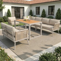Ensemble de canapé de jardin en forme de L AJUNION, structure en fer, accoudoirs tressés, canapé modulaire, mobilier d'extérieur, ensemble de salon avec table basse en WPC