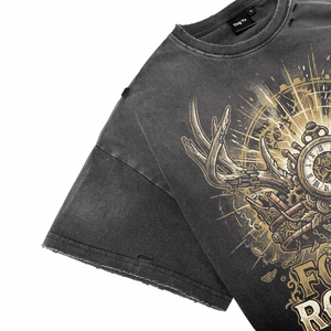<b>Men's</b> Vintage Spray Wash Distress Cotton Oversized Tees <b>Steampunk</b> Antlers Watch Print High Quality Breathable T-Shirts - Product Image 3