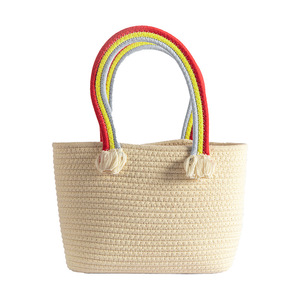 Cotton Woven Tote <b>Bag</b> Oval Shape <b>Rainbow</b> Handle Tassel Bohemian Style Women's Beach <b>Bag</b> Summer 2022 - Product Image 5