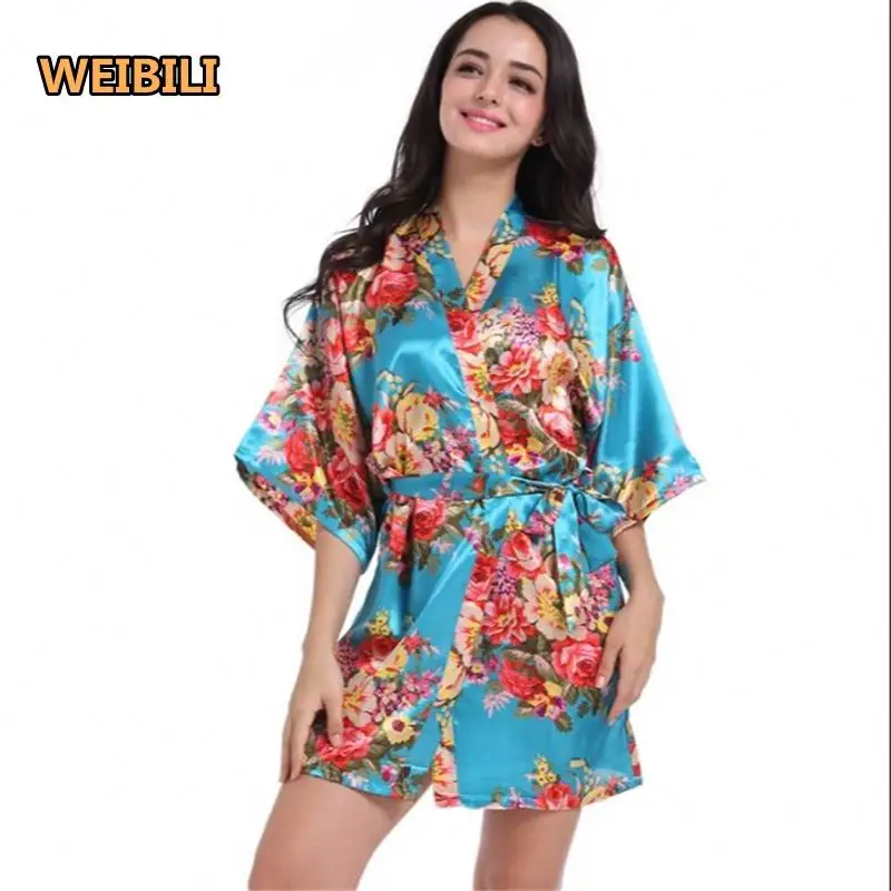Benutzer definierte bunte chinesische Stil Marke gedruckt Blumen Kimono Kleid Kleid Seide Satin Robe Nachthemd