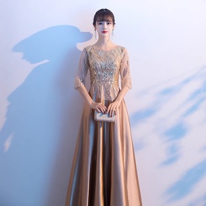 Women's Long Evening Dress Champagne Gold <b>Sequined</b> A-Line Boat Neck Empire Waistline Performance Costume - Product Image 4
