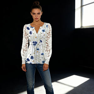 Chemise élégante pour femme, en dentelle blanche claire, à manches en dentelle, respirante, à col en V, boutonnée sur le devant, décontractée, mi-longue - Product Image 1