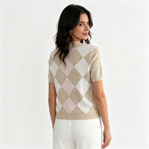 Comodo Top in Maglia con Motivo Argyle e Bottoni, <span class=keywords><strong>Cardigan</strong></span> da <span class=keywords><strong>Donna</strong></span> <span class=keywords><strong>Beige</strong></span> Rosa a Maniche Corte con Collo Rotondo, Abbigliamento in Maglia - Product Image 5