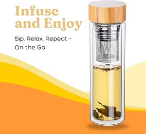 Botella de Agua <span class=keywords><strong>con</strong></span> Infusor de Té de Vidrio de Borosilicato de Doble Pared y Aislamiento de 500 ml, Tapa de Bambú, <span class=keywords><strong>Termo</strong></span> de Vidrio para Viajes - Product Image 4
