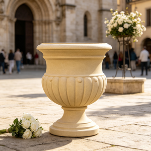 Urne de jardin classique à piédestal cannelé en résine, faite et peinte à la main, beige, texture pierre, style vintage <span class=keywords><strong>romain</strong></span>, pour patio, véranda, extérieur - Product Image 1
