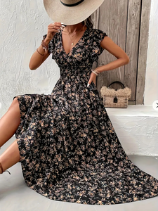 Robe longue d'été pour femme à imprimé floral, col <span class=keywords><strong>en</strong></span> V, manches courtes à volants, taille haute, coupe trapèze fluide, décontractée, pour la plage et les vacances - Product Image 4