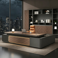 Bureau de direction moderne de luxe en forme de L, placage en bois de noyer avec armoire latérale et bibliothèque pour bureau de PDG