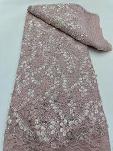 NI.AI gelin elbise şerit pullu 3D çiçek dantel kumaş inci Net dantel düğün elbisesi pembe dantel kumaş - Product Image 6