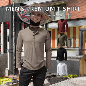 Wholesale Premium Men's <b>T</b>-<b>Shirt</b> High Quality Full Sleeve Customisable Button Logo Canvas Cotton 180g Casual OEM Service - Product Image 3