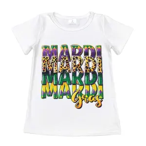 children's tops for girls letter Mardi Gras printed short sleeve tops girls pink tops