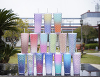 USA Offre Spéciale noir mat clouté gobelet diamant en plastique bouteille d'eau tasses personnalisées avec couvercles et pailles
