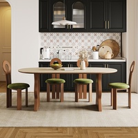 Table à manger vintage de style français en bois massif avec plateau en pierre, design moderne du milieu du siècle, forme ovale compacte pour les petites maisons