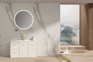 Meuble de salle de bain sur pied avec lavabo en céramique, miroir intelligent en PVC 18 mm, peinture cuite en une seule pièce, rangement multiple - Product Image 4