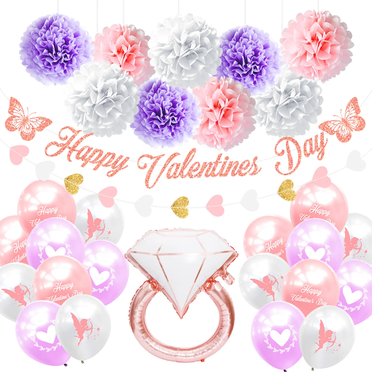 Nicro Sain Valentine Diamond Ring Latex Balloons Gifts Wedding Paper Happy Valentines Day Party Wall Background Decorations Kit