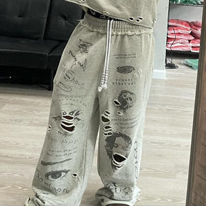 Huili Oem Hochwertige dicke Baumwolle Loose Fit Weite Beinhose Herren Benutzer definiertes Logo Gedruckte Distressed Washed Baggy Jogging hose - Product Image 2