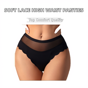 Nouvelle conception 2025, culotte taille haute pour femme, confortable et douce, en nylon tricoté, respirante, sans couture, unie, avec dentelle fine et coupe haute, sexy, pour le quotidien - Product Image 2