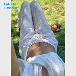 Top Casual da <span class=keywords><strong>donna</strong></span> in <span class=keywords><strong>lino</strong></span> con scollo a V con collo profondo a maniche lunghe che rivelano l'ombelico e <span class=keywords><strong>pantaloni</strong></span> Casual larghi in due pezzi - Product Image 6