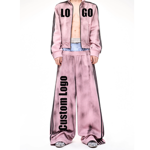 Conjunto de chándal deportivo de fabricación profesional con estampado de letras, <span class=keywords><strong>pantalones</strong></span> holgados de doble cintura y chaqueta con efecto lavado sucio - Product Image 1