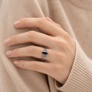 925 Sterling Silver Rhodium Plated <b>Black</b> <b>Onyx</b> Marquise Cut Statement <b>Ring</b> with <b>Black</b> Accents Modern Edgy Party <b>Ring</b> for Women - Product Image 3